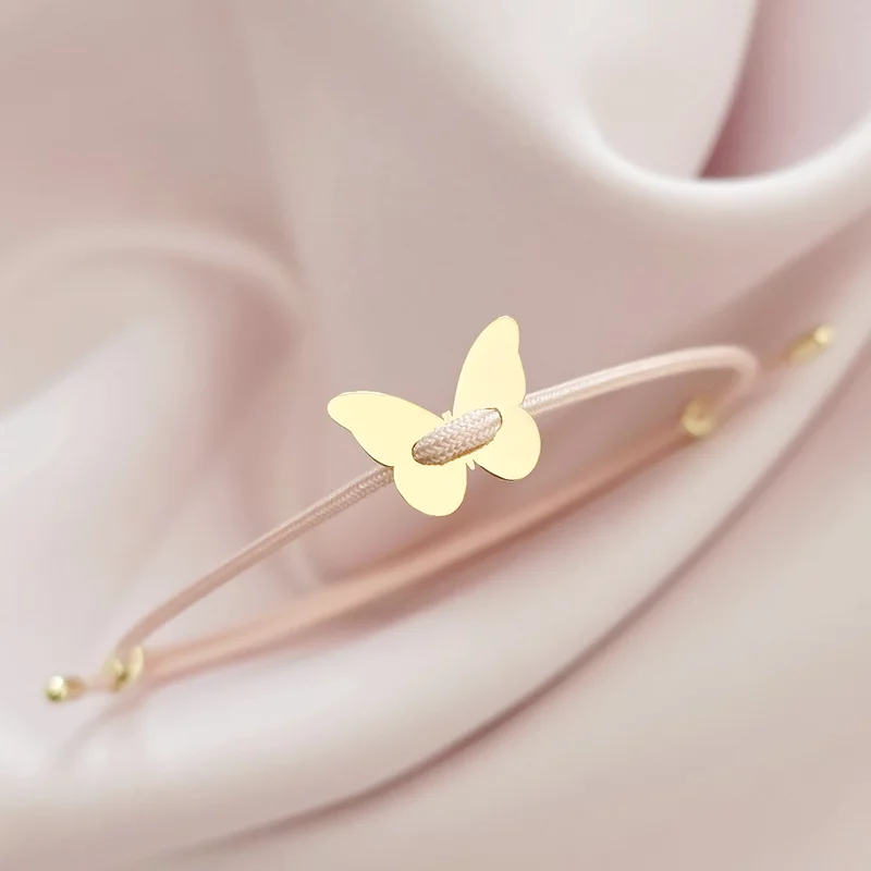 Brățara Aripi de Catifea -  cu Fluture și Șnur roz Gros - Argint 925 placat cu Aur Galben 18K picture - 1