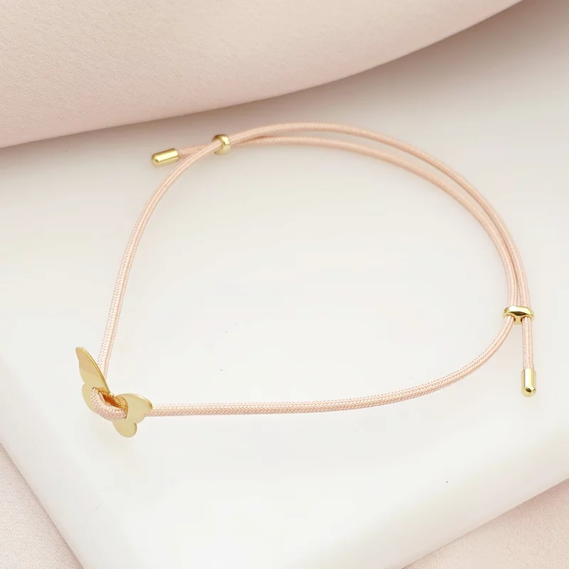 Brățara Aripi de Catifea -  cu Fluture și Șnur roz Gros - Argint 925 placat cu Aur Galben 18K picture - 2