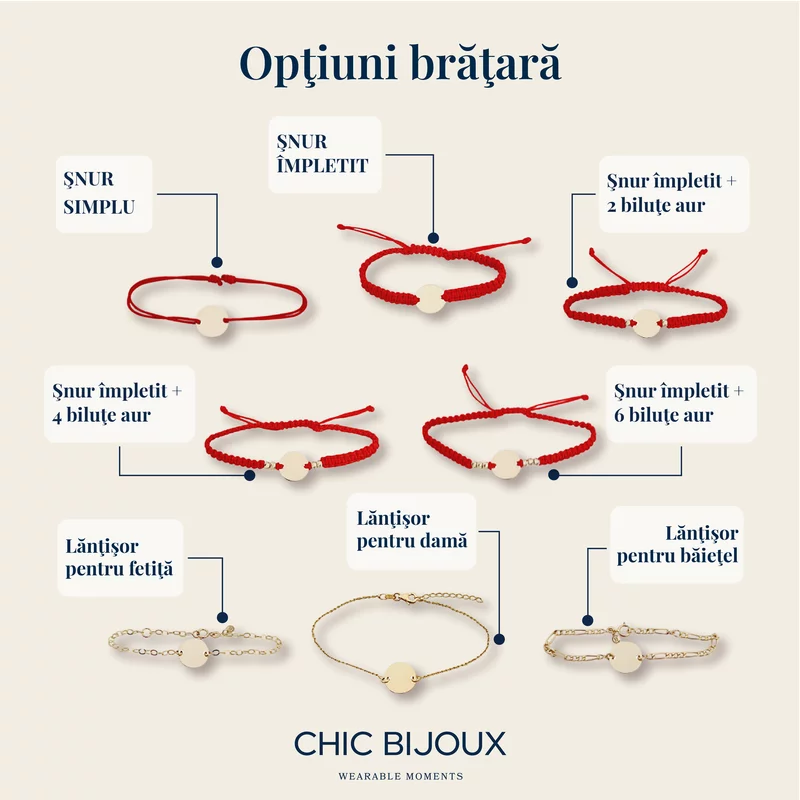 Bratara banut 10 mm - Gravat cu labuta - Aur Galben 14K - snur reglabil picture - 4