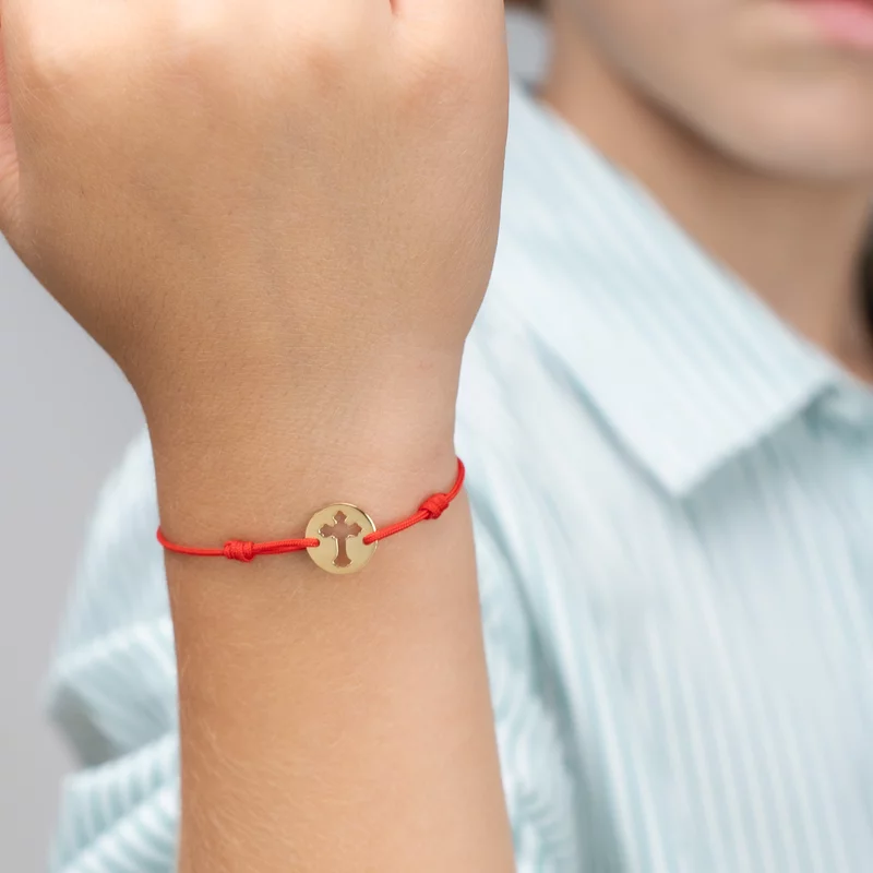 Bratara banut - Cruce decupata - Aur Galben 14K - snur reglabil picture - 2