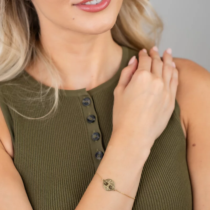 Bratara banut cu copacul vietii gravat - Argint 925 placat cu Aur Galben 18K si lantisor picture - 4