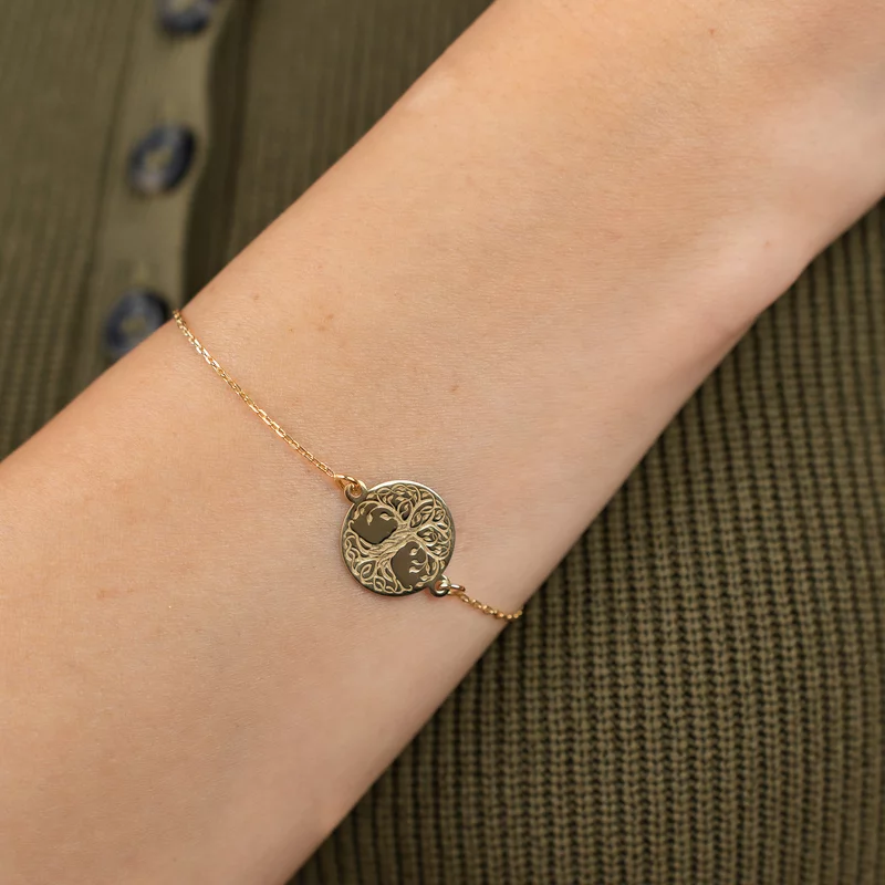 Bratara banut cu copacul vietii gravat - Argint 925 placat cu Aur Galben 18K si lantisor picture - 2