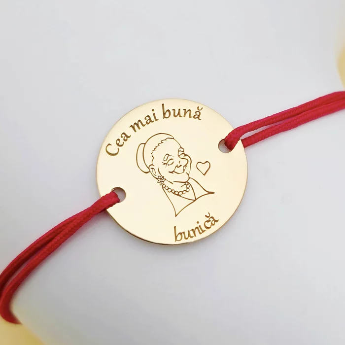 Bratara banut personalizata - Cea mai buna bunica - Argint 925 placat cu Aur alben 18K , snur reglabil