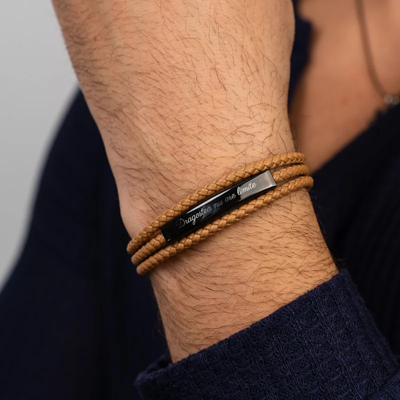 Bratara barbateasca cu element dreptunghiular din Inox negru - Piele maro în 3 straturi și închizatoare tip clips picture - 2