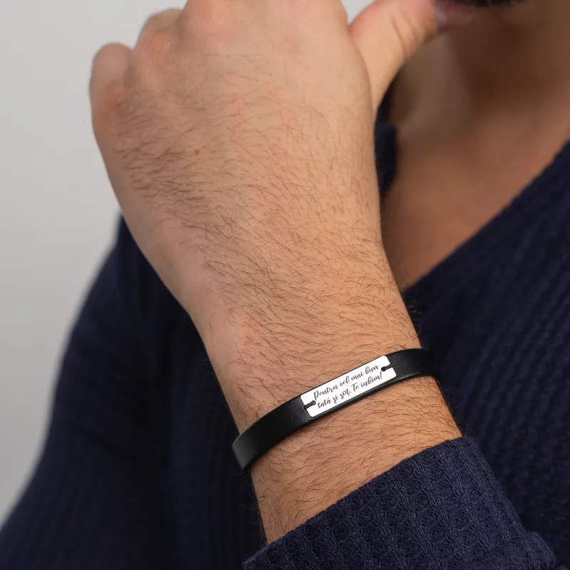 Bratara barbateasca cu piele neagra - Placuta cu aspect mat - Gravura personalizata - Argint 925 - Inchizatoare magnetica inox picture - 2