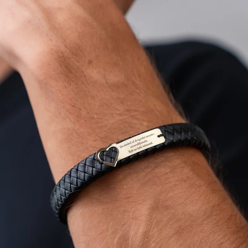 Bratara barbateasca - Inima si placuta personalizata - Aur Galben 9K - Piele lata impletita cu inchizatoare inox picture - 2