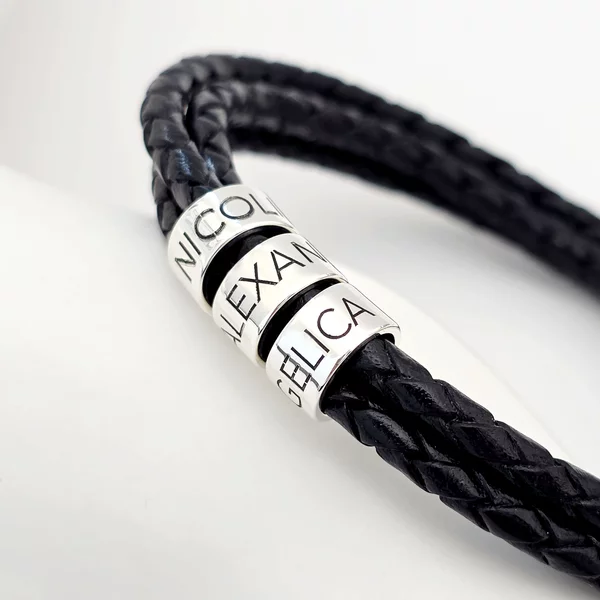 Bratara barbati - 3 modele cilindrice din Argint 925 personalizate - 3 straturi piele impletita - inchizatoare carabina