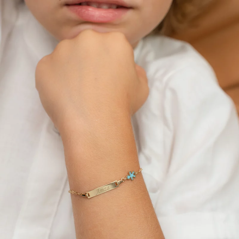 Bratara bebe - Personalizata cu nume - Placuta cu baiat si lant gros - Aur Galben 9K si Blue Mother of Pearl picture - 2