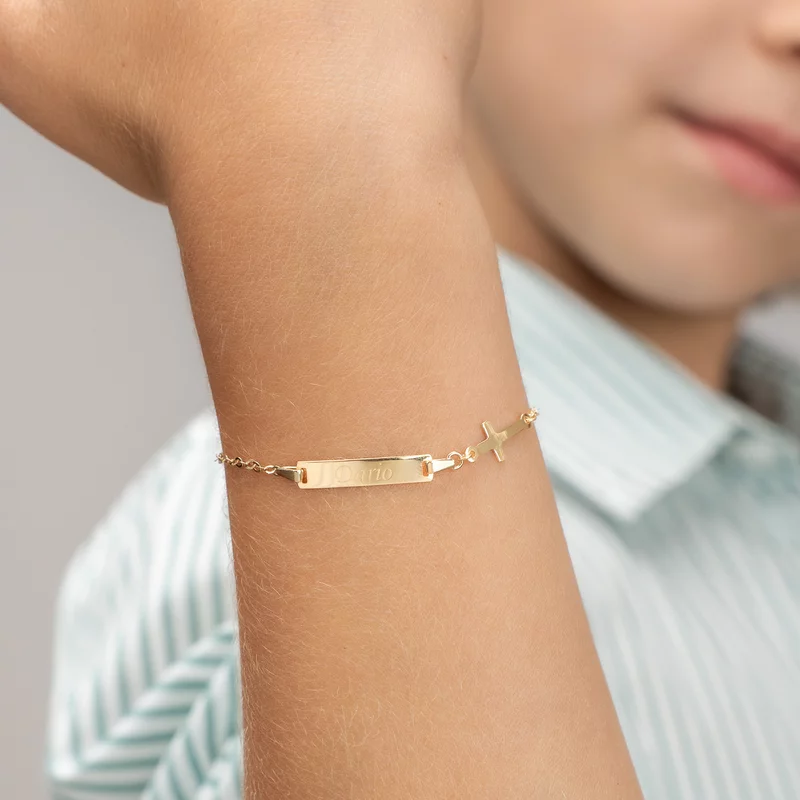 Bratara bebe - Personalizata cu nume - Placuta cu cruciulita si lant gros - Aur Galben 9K picture - 2