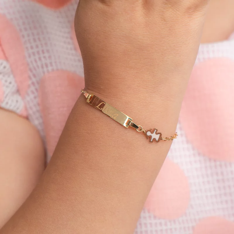 Bratara bebe - Personalizata cu nume - Placuta cu fetita si lant gros - Aur Galben 14K si Pink Mother of Pearl picture - 2