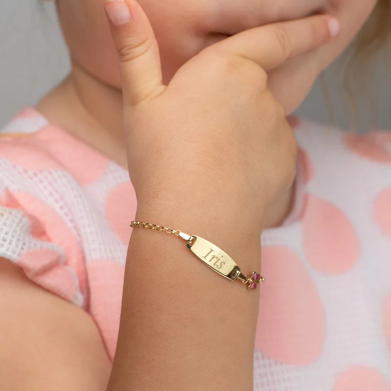 Bratara bebe - Placuta cu nume - Fluturas colorat si lantisor - Argint 925 placat cu Aur Galben 18K picture - 2