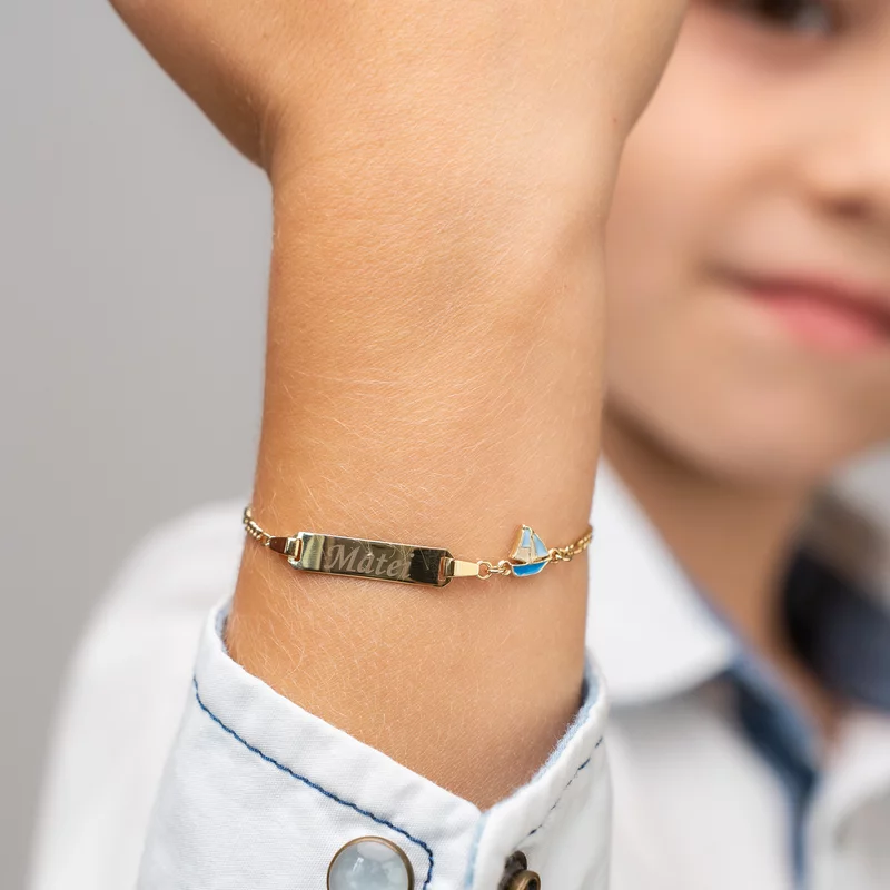 Bratara bebe - Placuta cu nume - Simbol barcuta colorata si lantisor - Argint 925 placat cu Aur Galben 18K picture - 2