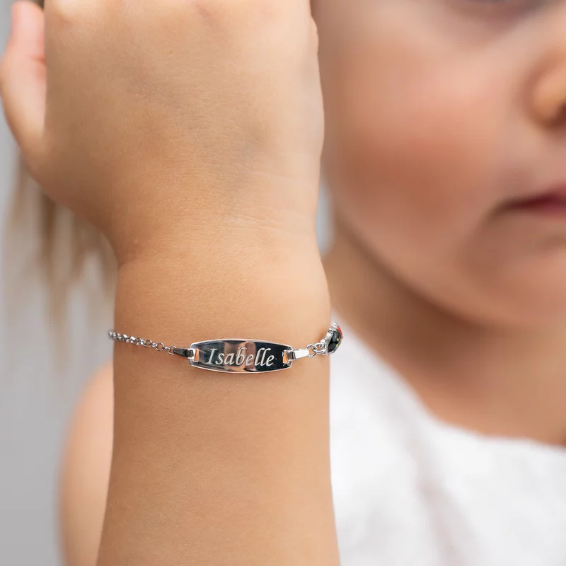 Bratara bebe - Placuta cu nume - Simbol buburuza colorata si lantisor - Argint 925 picture - 2