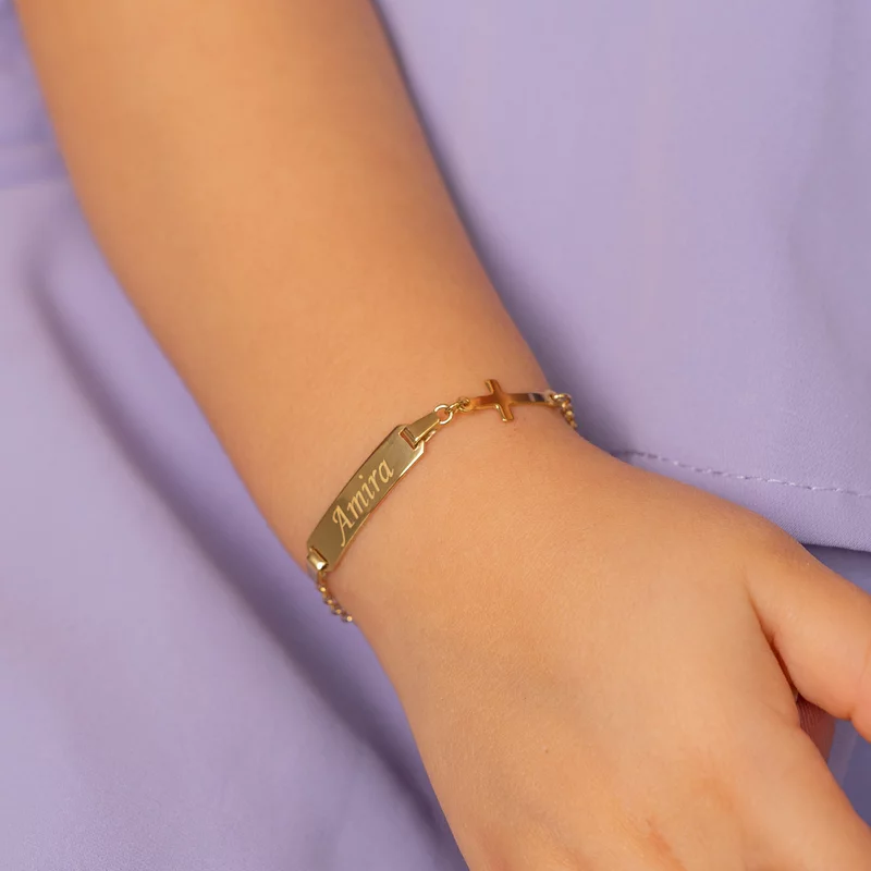 Bratara bebe - Placuta cu nume - Simbol cruciulita si lantisor - Argint 925 placat cu Aur Galben 18K picture - 2
