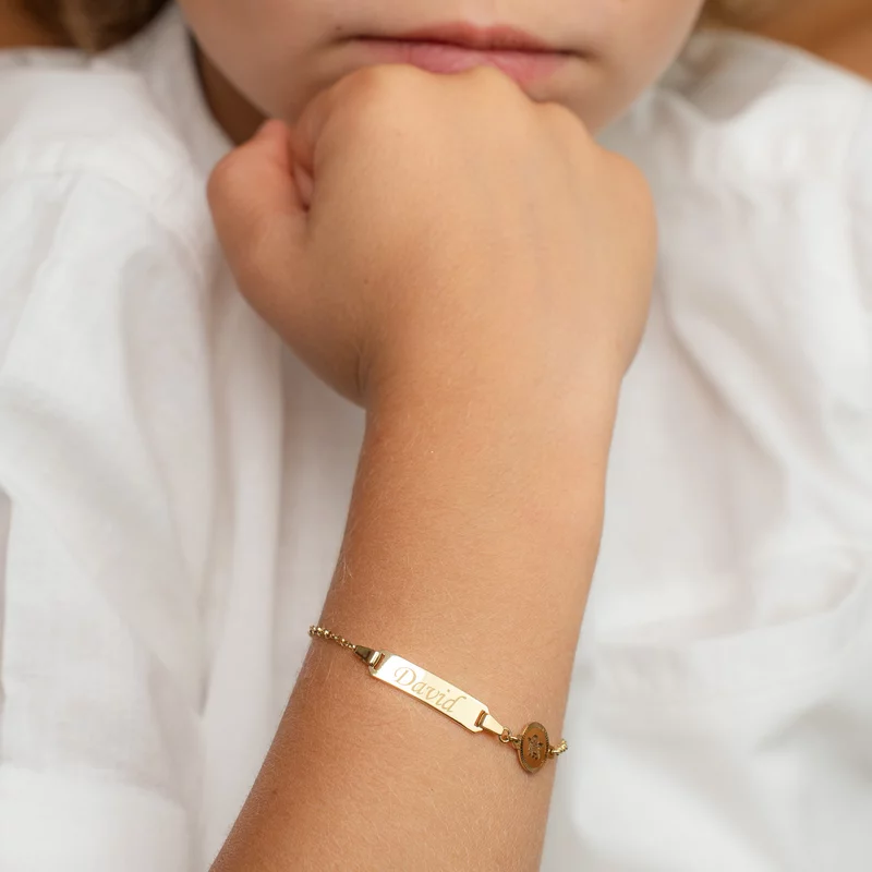 Bratara bebe - Placuta cu nume - Simbol ingeras si lantisor - Argint 925 placat cu Aur Galben 18K picture - 2