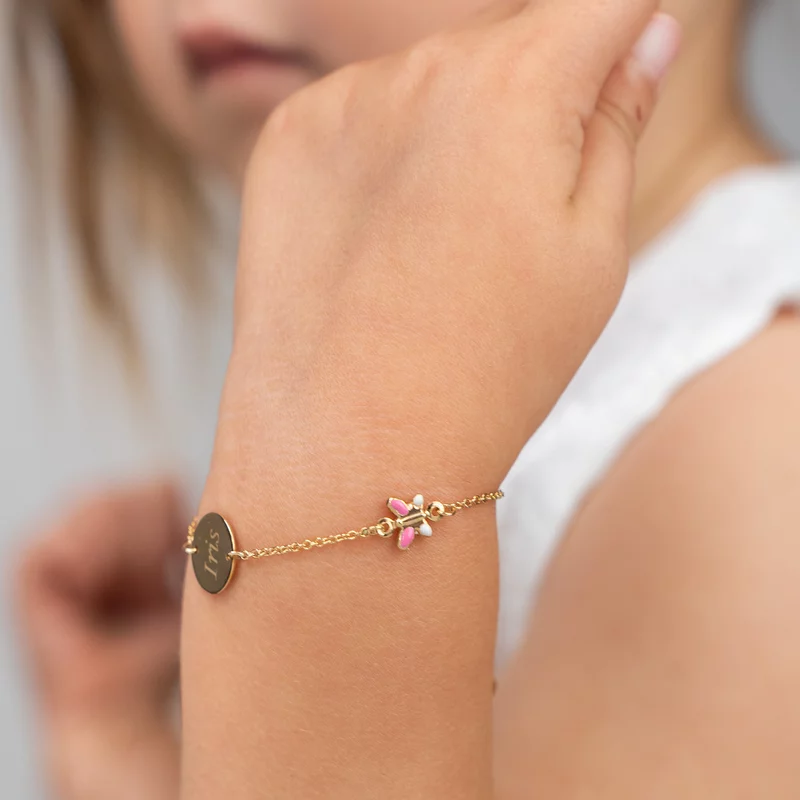 Bratara Chic Baby - Banut personalizat si Fluturasi cu email roz - Lantisor ajustabil - Aur Galben 9K picture - 2
