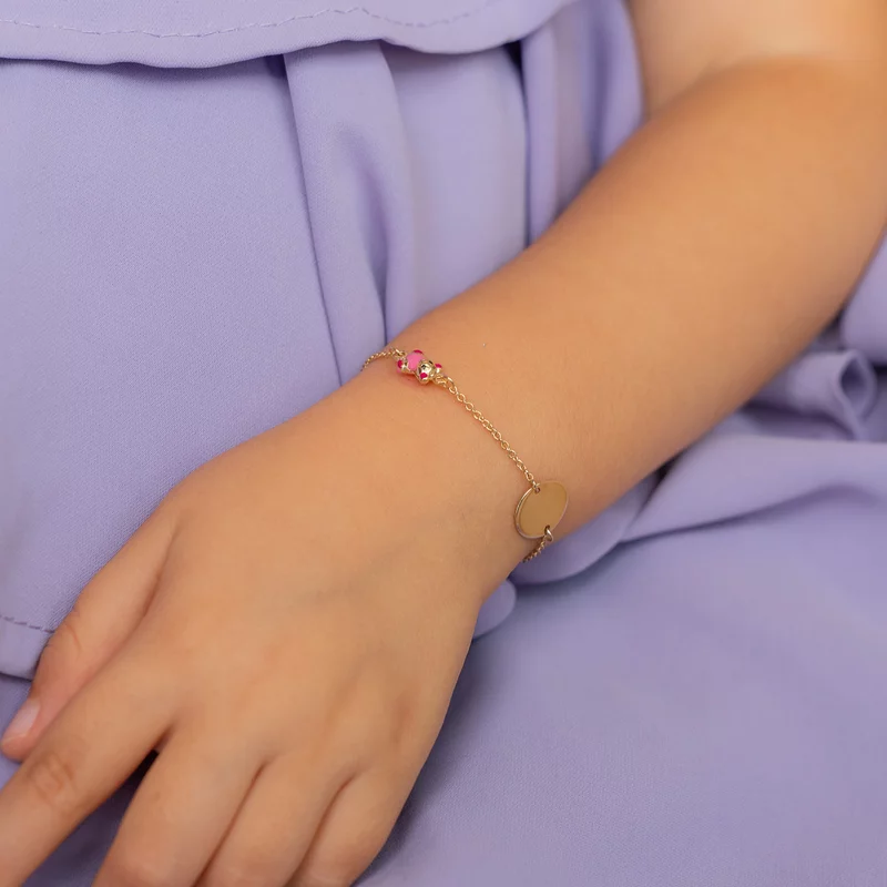 Bratara Chic Baby - Banut personalizat si Ursuleti cu email roz - Lantisor ajustabil - Aur Galben 9K picture - 2