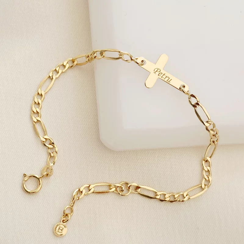 Bratara Cruciulita de 15 mm - Nume gravat - Aur Galben 14K - Cu lantisor fata/baiat picture - 2