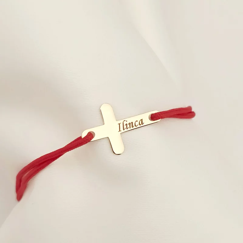 Bratara Cruciulita de 15 mm - Nume gravat - Aur Galben 14K - Snur reglabil de diverse culori picture - 3