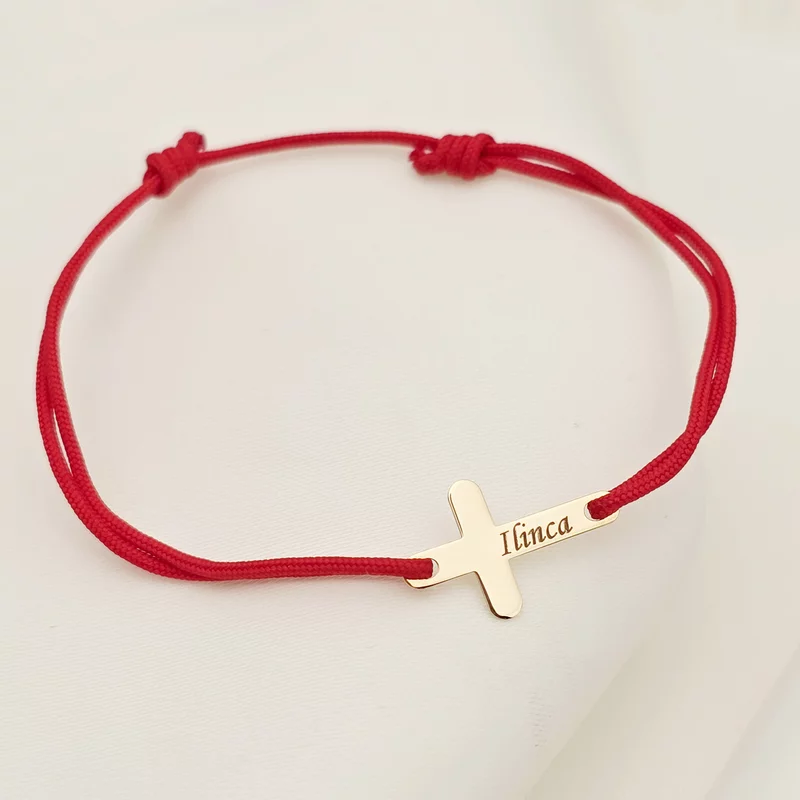 Bratara Cruciulita de 15 mm - Nume gravat - Aur Galben 14K - Snur reglabil de diverse culori picture - 4