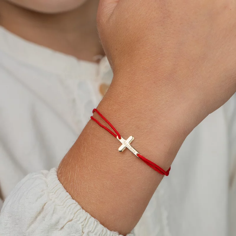 Bratara Cruciulita de 15 mm - Nume gravat - Aur Galben 14K - Snur reglabil de diverse culori picture - 2