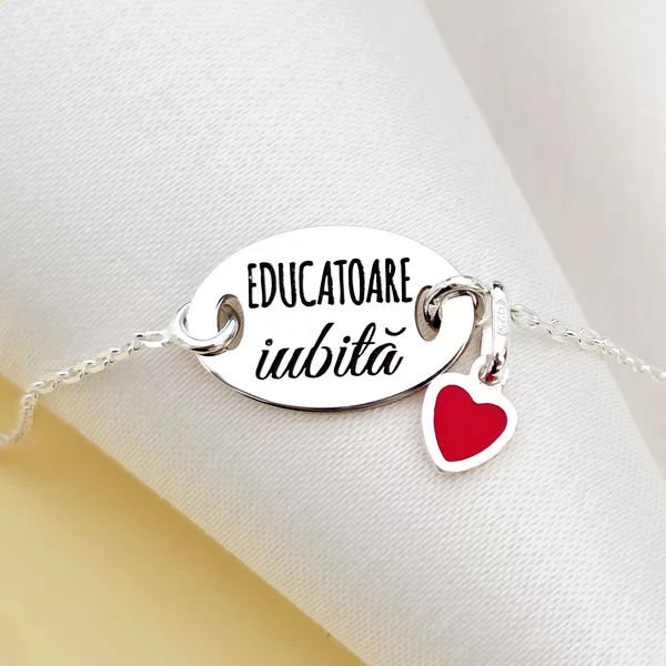 Bratara cu charm la alegere - Educatoare iubita - Pandantiv oval cu lantisor - Argint 925