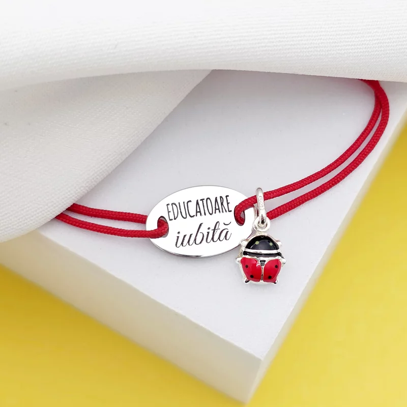 Bratara cu charm la alegere - Educatoare iubita - Pandantiv oval cu snur reglabil - Argint 925 picture - 3