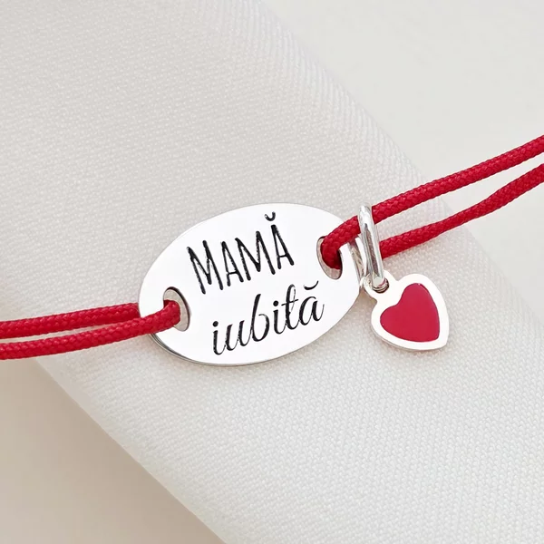 Bratara cu charm la alegere - Mama iubita - Pandantiv oval cu snur reglabil - Argint 925