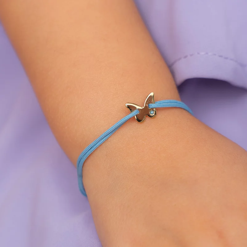 Bratara cu Diamant natural - Model fluture - Aur Galben/Roz/Alb 14K si snur reglabil picture - 2