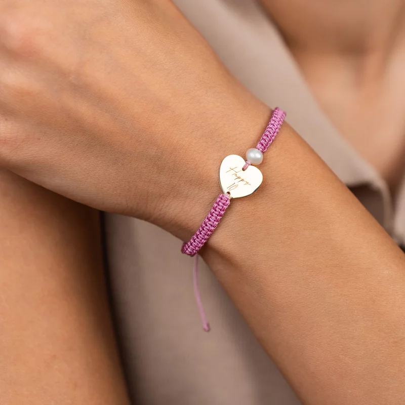 Bratara cu perla - Nume soptit - Model inima si 1 perla prinse intr-un snur impletit - Aur Galben 9K picture - 2