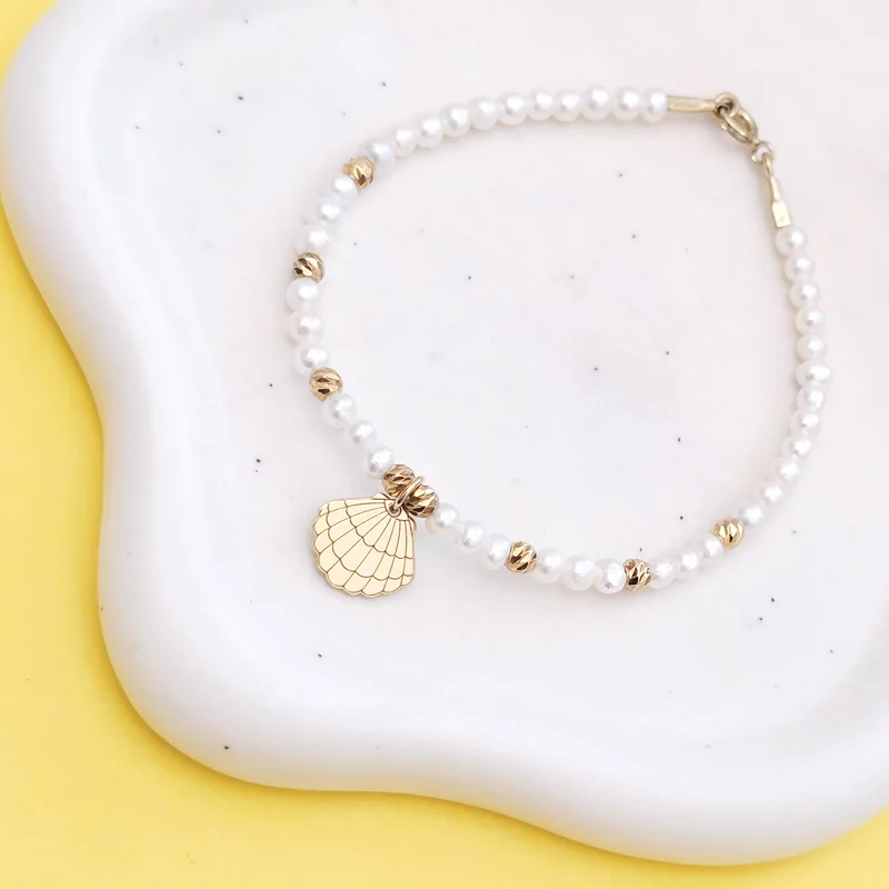 Bratara cu Perle - Charm scoica Venus - Model sirag perle cu 8 bilute - Argint 925 placat cu Aur Galben 18K picture - 2