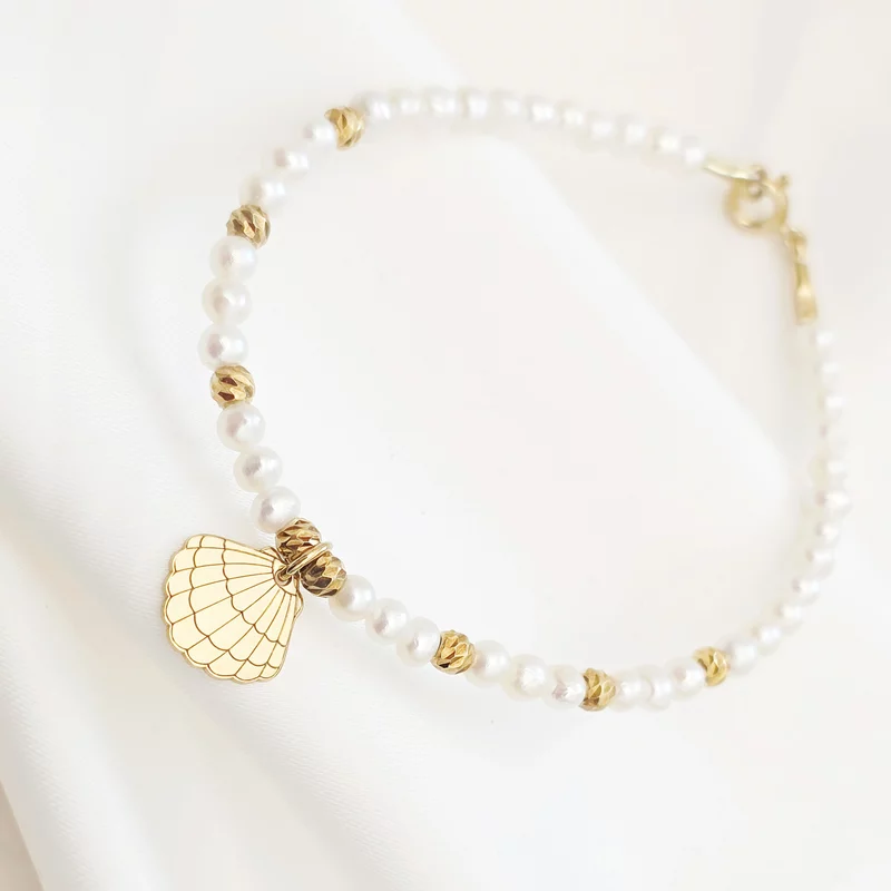 Bratara cu Perle - Charm scoica Venus - Model sirag perle cu 8 bilute - Argint 925 placat cu Aur Galben 18K picture - 3