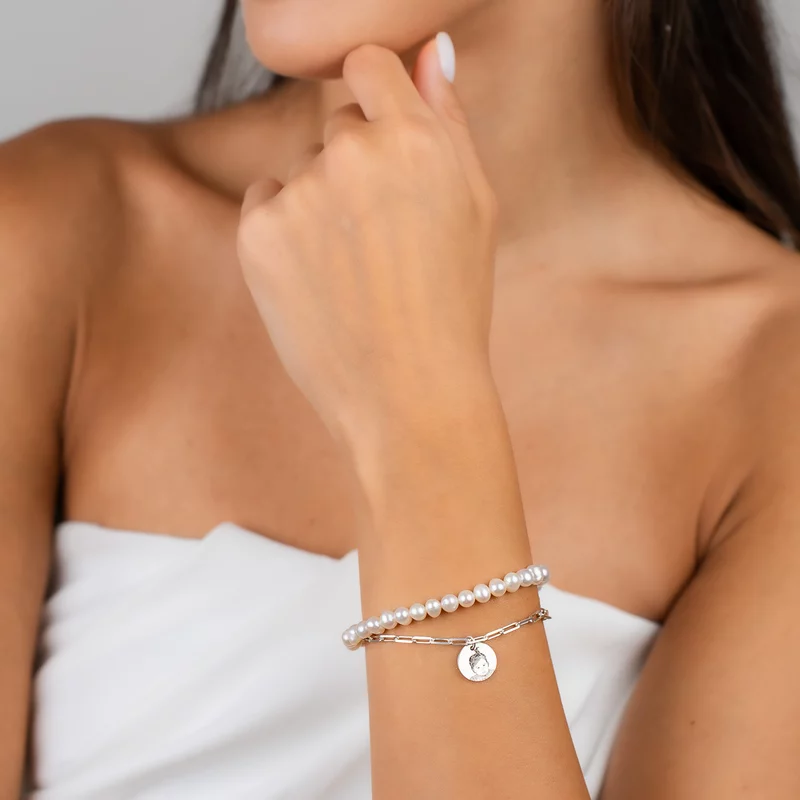 Bratara cu Perle - Puritate capturata - Model 2 straturi cu sirag perle si lant cu pandantiv fotogravura - Argint 925 picture - 4