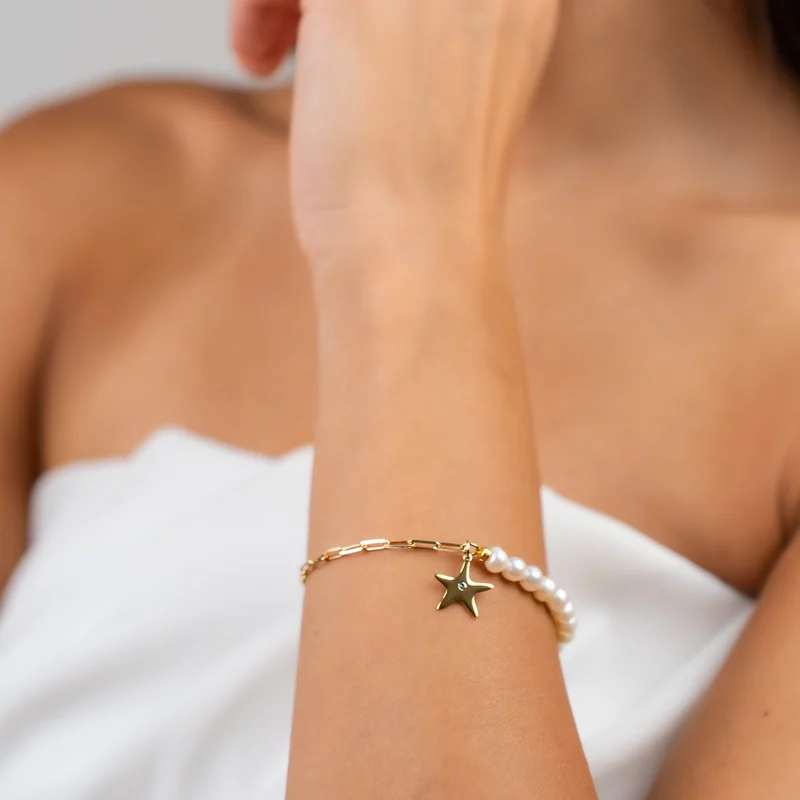 Bratara cu Perle si Diamant natural - Stella Marina - Model combinat cu perle si lantisor zale - Argint 925 placat cu Aur Galben 18K picture - 2