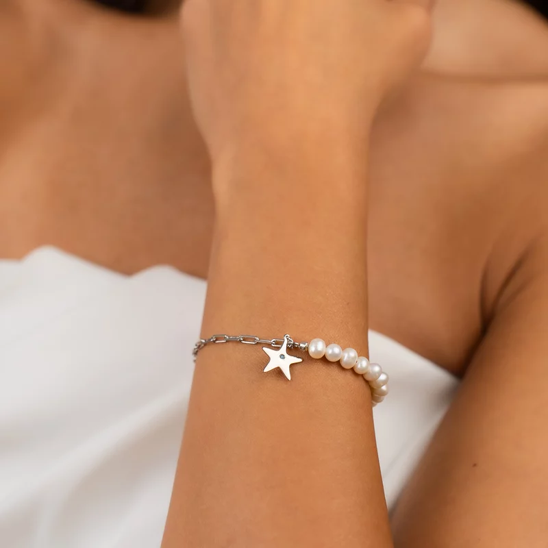 Bratara cu Perle si Diamant natural - Stella Marina - Model combinat cu perle si lantisor zale - Argint 925 Rodiat picture - 2