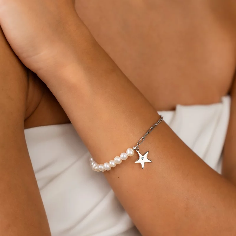 Bratara cu Perle si Diamant natural - Stella Marina - Model combinat cu perle si lantisor zale - Argint 925 Rodiat picture - 4