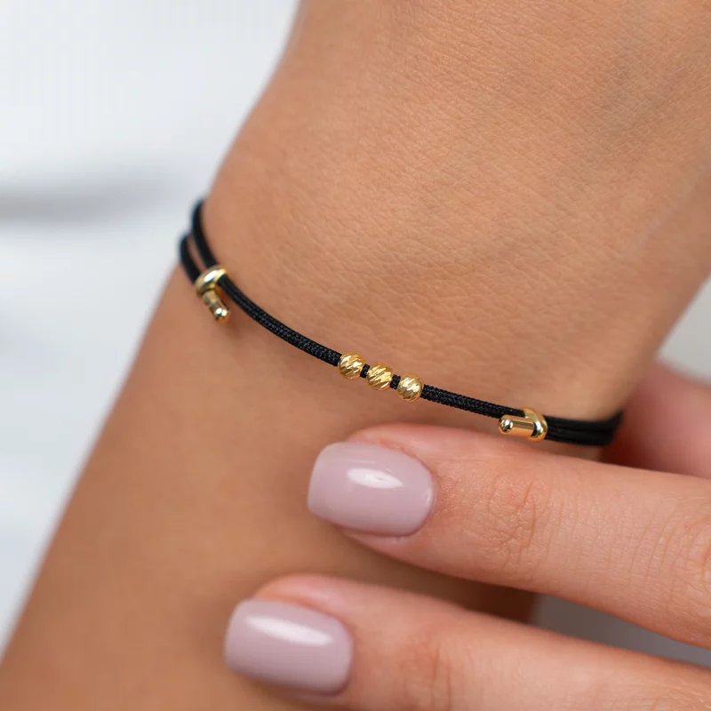 Brățară cu Șnur negru Gros și 3 Biluțe din Argint 925 Placat cu Aur Galben 18K picture - 2