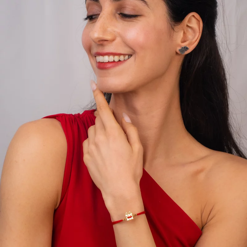 Brățara Cutie de cadou - Șnur rosu Gros si 2 bilute de 3 mm - Argint 925 placat cu Aur Galben 18K picture - 2