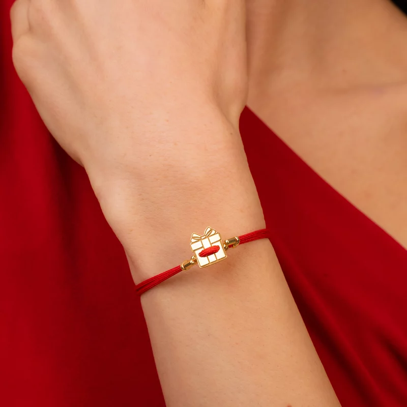 Brățara Cutie de cadou - Șnur rosu Gros si 2 bilute de 3 mm - Argint 925 placat cu Aur Galben 18K picture - 4