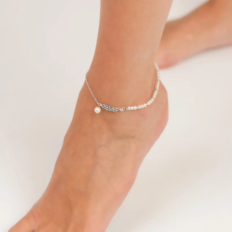 Bratara de picior – Pana boema  – Argint 925 – Model cu lantisor & perle si bilute picture - 6