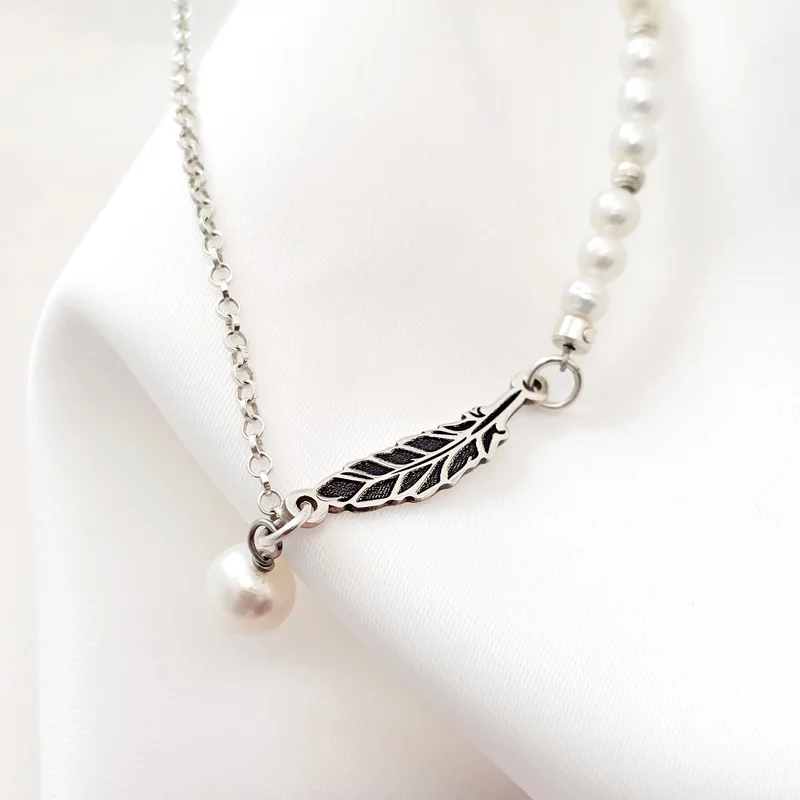 Bratara de picior – Pana boema  – Argint 925 – Model cu lantisor & perle si bilute picture - 5