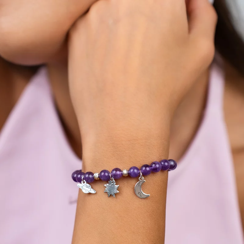 Bratara din Ametist si Talismane din Argint 925 - Luna, Soarele si Saturn - Snur elastic picture - 4