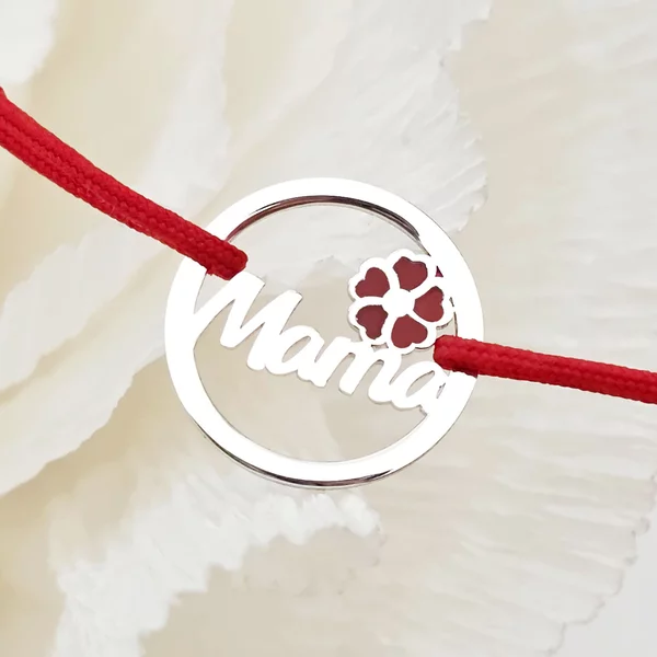 Bratara disc si nume decupat - Mama si floare cu email rosu - Argint 925 - Snur reglabil, diverse culori