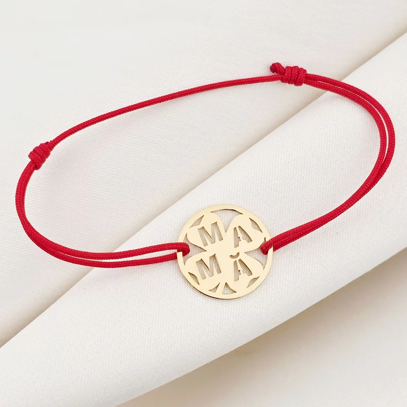 Bratara disc si trifoi cu patru foi - decupaj Mama - Argint 925 placat cu Aur Galben 18K- Snur reglabil, diverse culori picture - 3