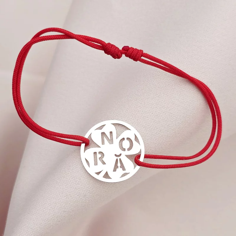 Bratara disc si trifoi cu patru foi - decupaj Nora - Argint 925 - Snur reglabil, diverse culori picture - 4