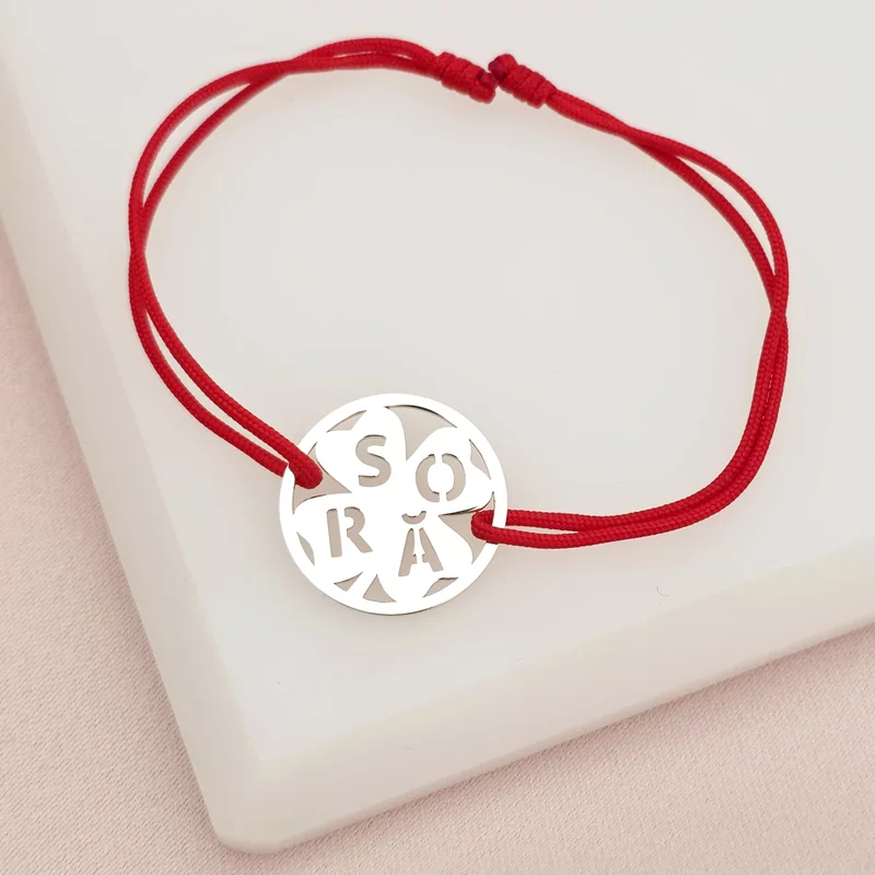 Bratara disc si trifoi cu patru foi - decupaj Sora - Argint 925 - Snur reglabil, diverse culori picture - 3