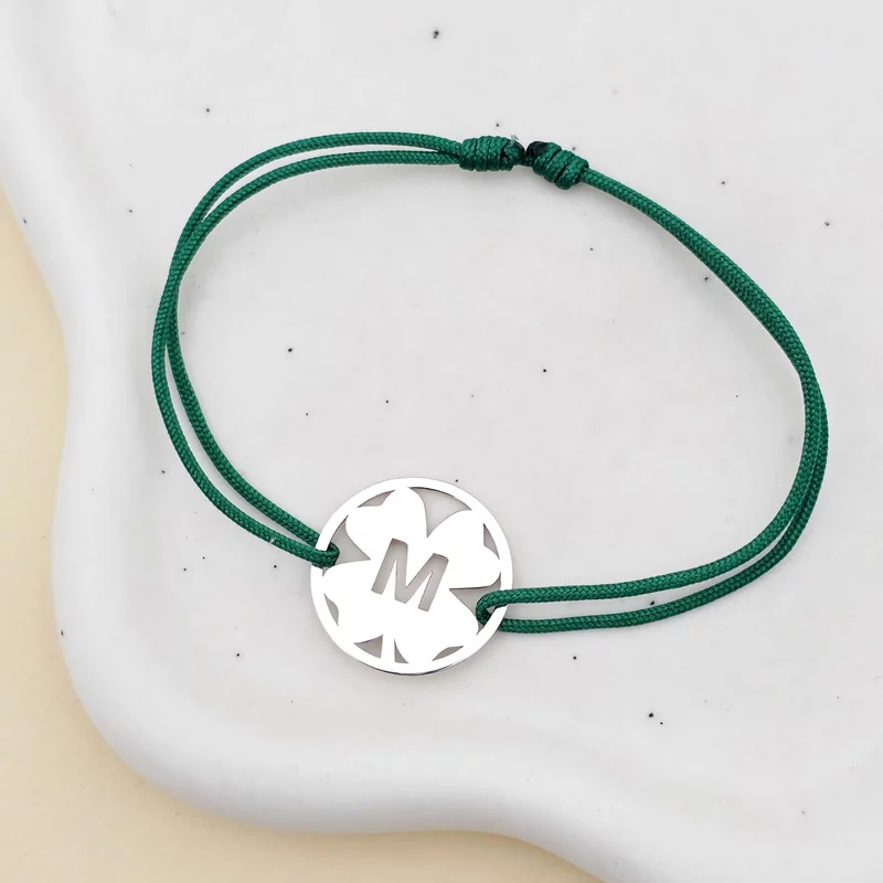 Bratara disc si trifoi - Initiala personalizata - Argint 925- Snur reglabil, diverse culori picture - 2