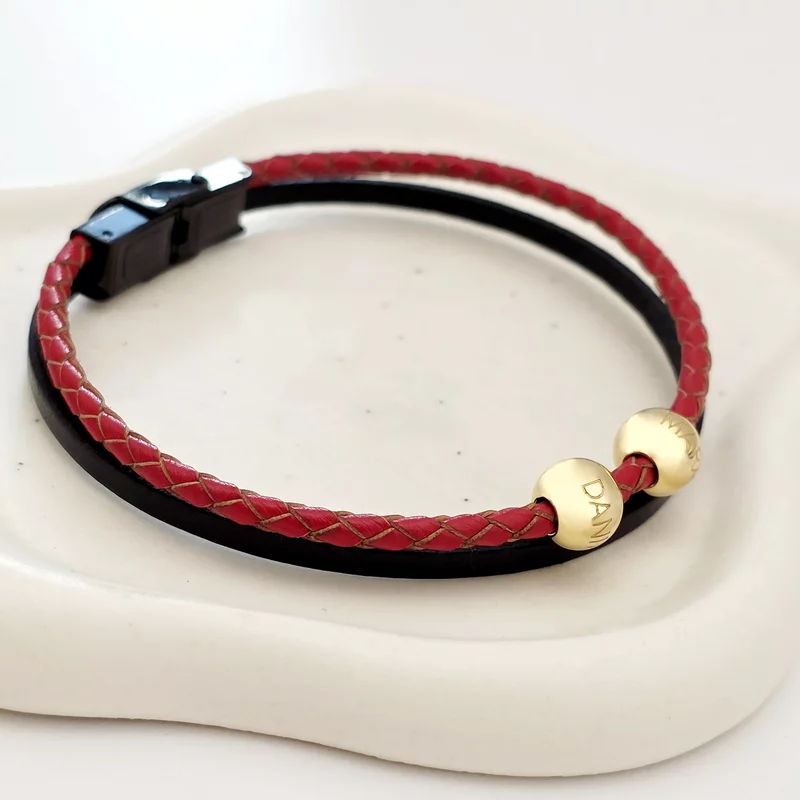 Bratara duo cu 2 straturi piele impletita rosie si neagra & 2 bilute  din Argint 925 placat cu Aur Galben 18K - Inchizatoare inox picture - 3