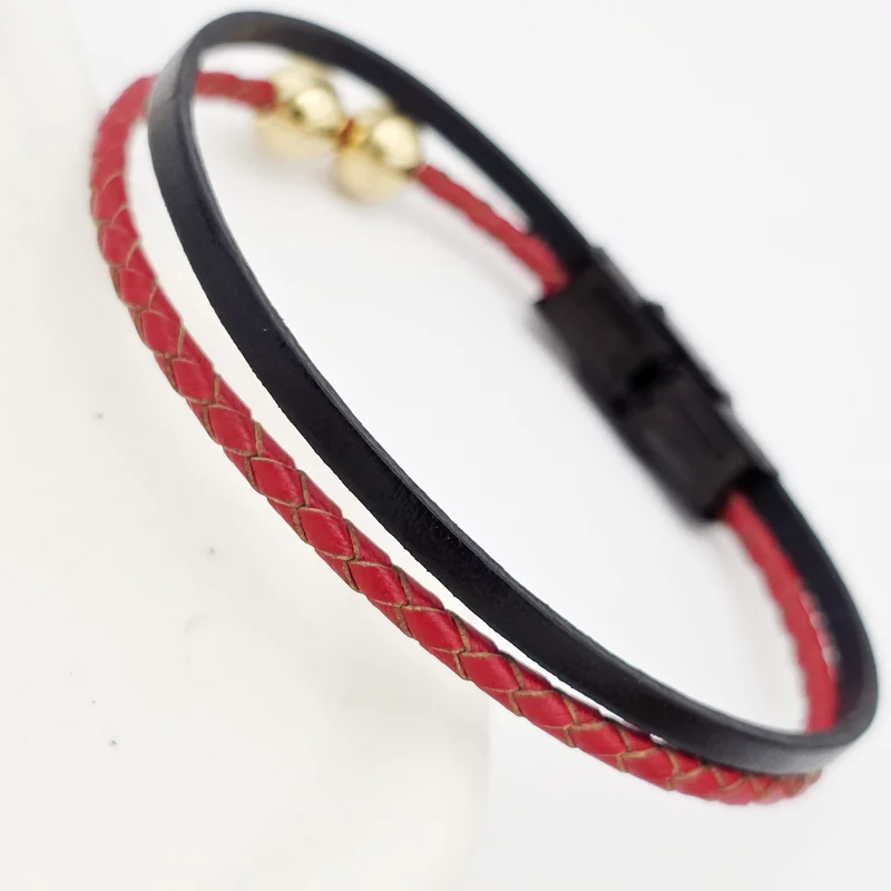 Bratara duo cu 2 straturi piele impletita rosie si neagra & 2 bilute  din Argint 925 placat cu Aur Galben 18K - Inchizatoare inox picture - 4
