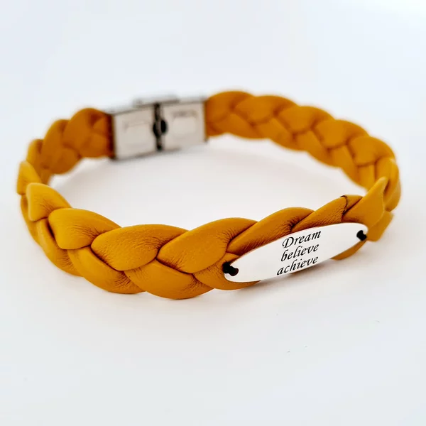 Bratara eleganta cu piele lata impletita - Placuta ovala cu gravura personalizata - Argint 925 - Inchizatoare clips inox